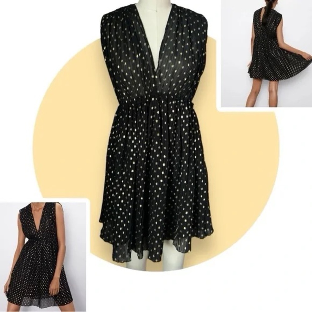 Women’s Zara Black Polka Dot Pleated Mini Dress Sleeveless V-Neck Fit & Flare S